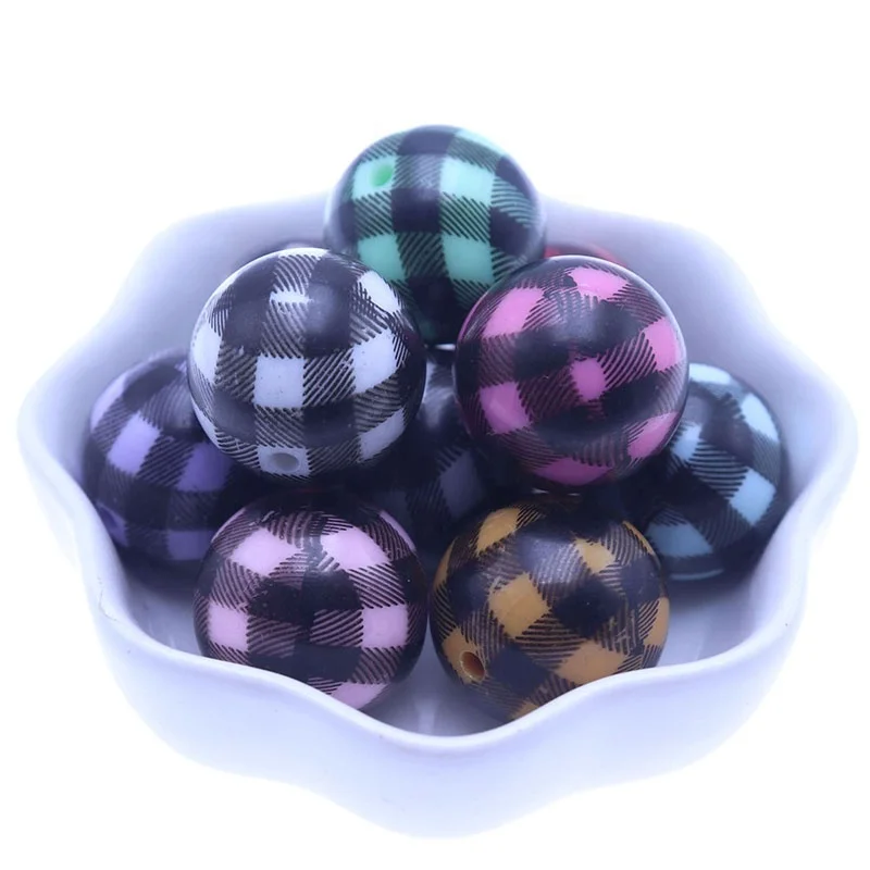 

Wholesale 20mm New Loose Round Chunky Mixed Color 100Pcs Gumball Print Buffalo Plaid Acrylic Beads For Necklace Jewellery, Mixed background + black plaid