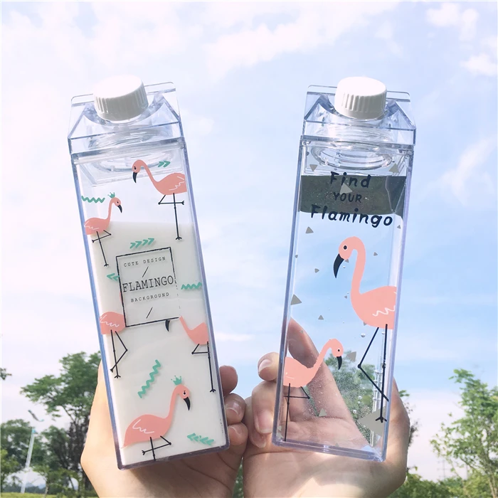 

Feiyou cheap cute 500ml custom square plastic flamingo printing clear milk carton drinking water bottle for girls, Customized color