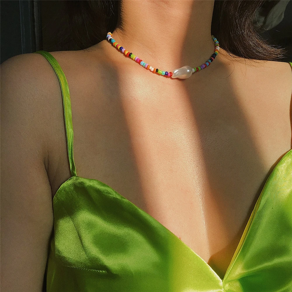 

Geometric temperament necklaces national style contrast color rice beads shaped Pearl Necklace, Color 2493