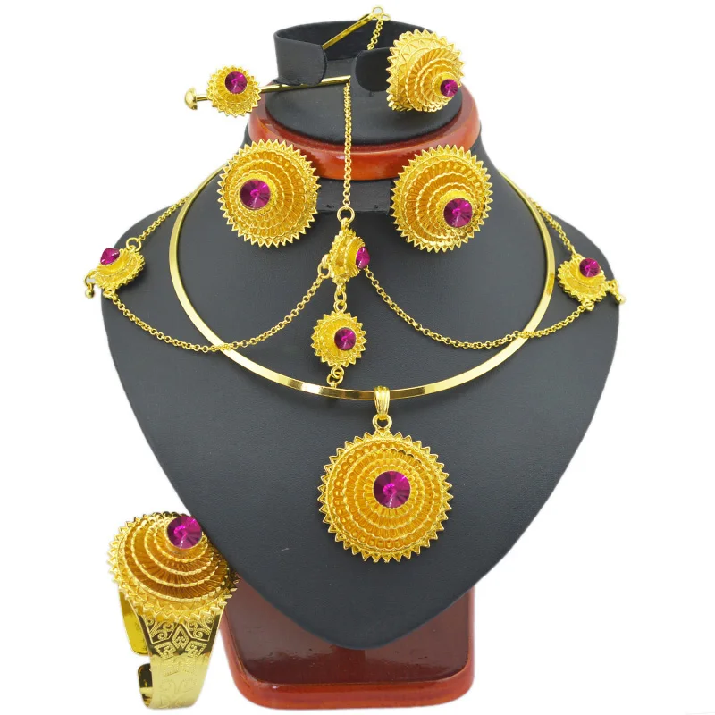 

Ethlyn Big Fashion Ethiopian Jewelry Sets with Hairpiece Gold Plated Stone for Ethiopian Women Wedding Gifts S97A