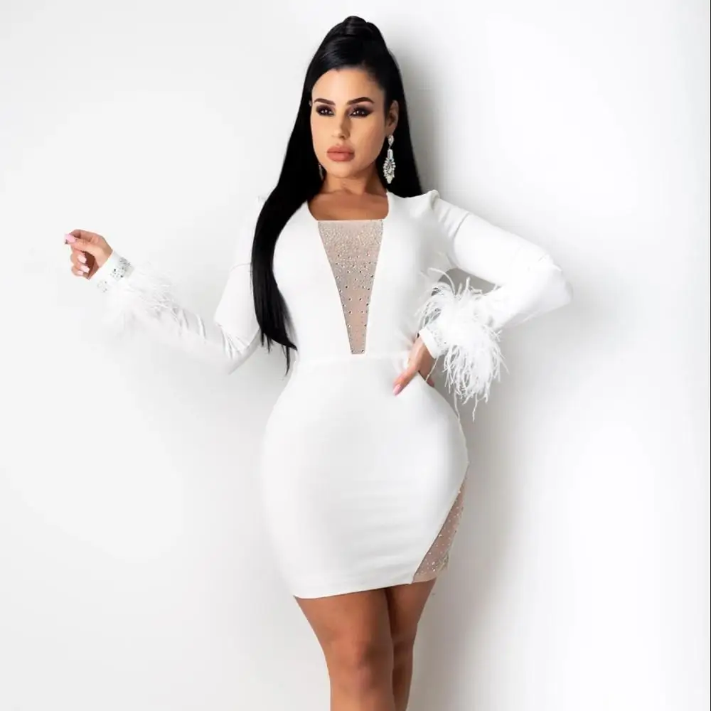 

Sexy Deep V-Neck Diamond Joint Dress Long Sleeve Feather Pencil Skirt For Women, Blue/green/black/red/white