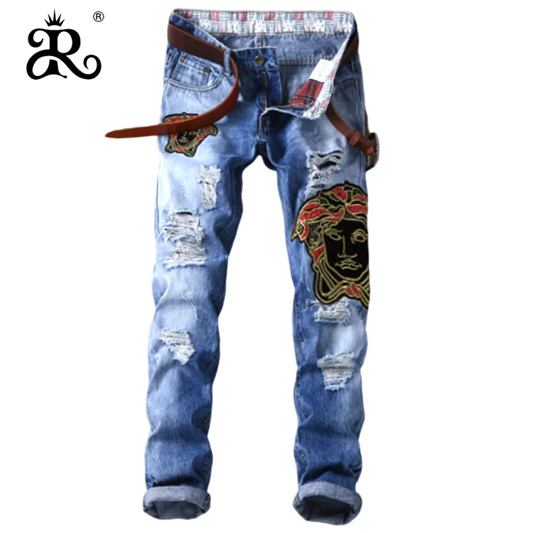 hole jeans trousers spring summer men embroidery  Sequin  Mid waist street  slim jeans