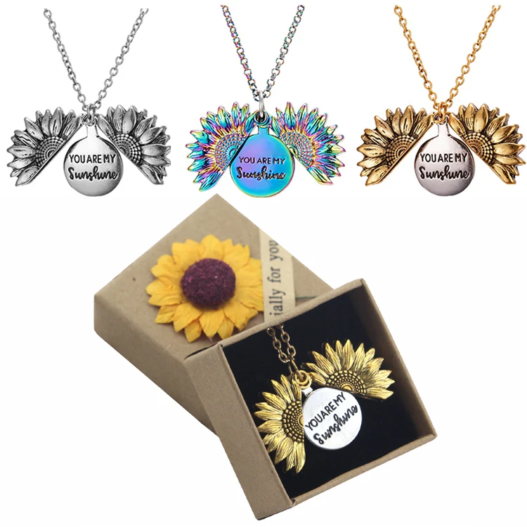 

Fashion Gold Silver Rainbow Locket Pendant Jewelry Women Lady Girls Gift You Are My Sunshine Sunflower Necklaces With Box, As photo