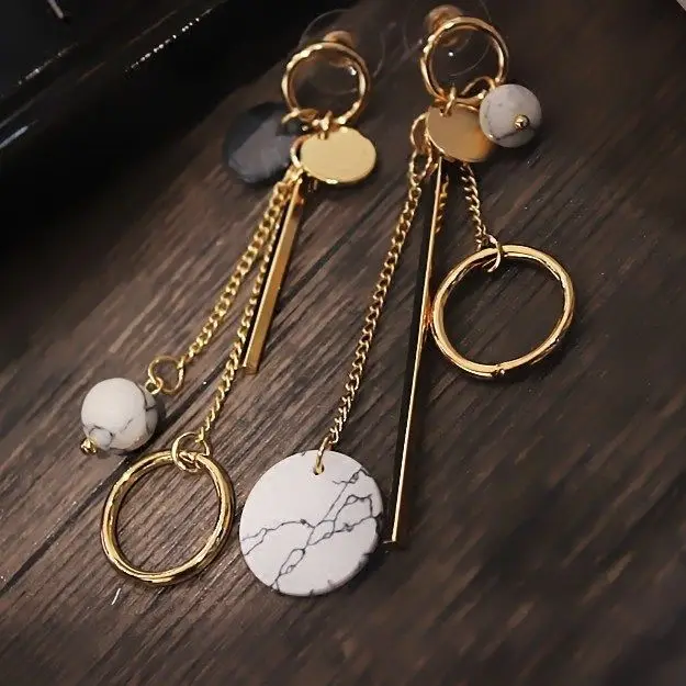 

Fashion New Style Asymmetrical Round Marble Long Korean Earrings wholesale, Golden
