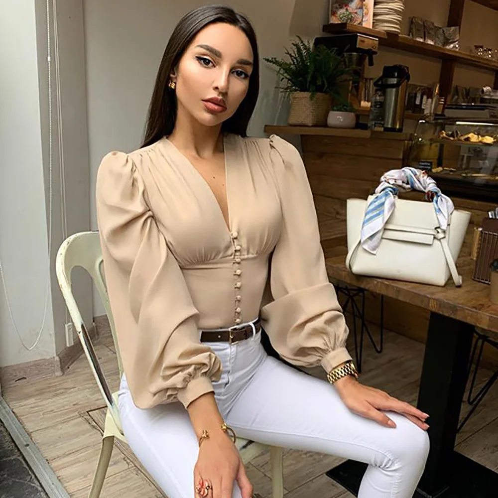 

Hight quality accept custom color women V neck button loose blouse puff sleeves tops, Customized color