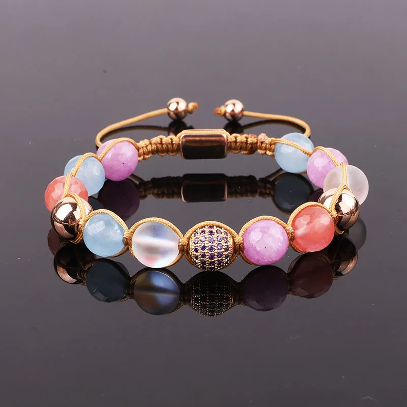 

High Quality 10mm Gemstone Jewelry Moonstone Jade Beads Handmade Custom Macrame Braided Friendship Bracelet Women