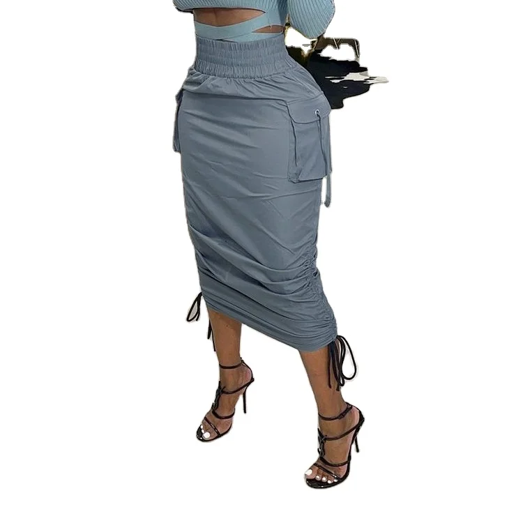 

2021 Casual High Waist Rise Pocket Girls Clothes Women Skirt Summer Ruched Pencil Drawstring Pleated Cargo Skirts Midi Skirt-PT, Gray