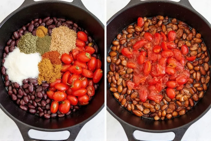 Step-by-step preparation of black bean chili in a cast iron pot showing beans, tomatoes, and spices combining
