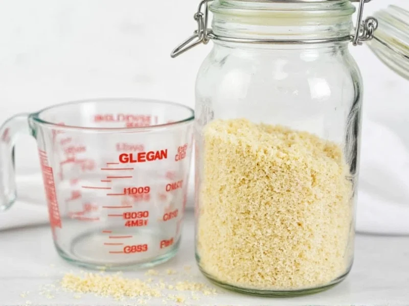 Homemade breadcrumbs in glass jar with measuring cup