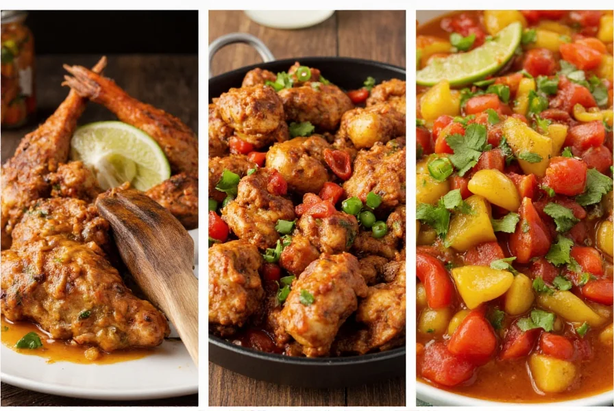 Caribbean dishes featuring scotch bonnet pepper sauce including jerk chicken, seafood stew, and tropical salsa