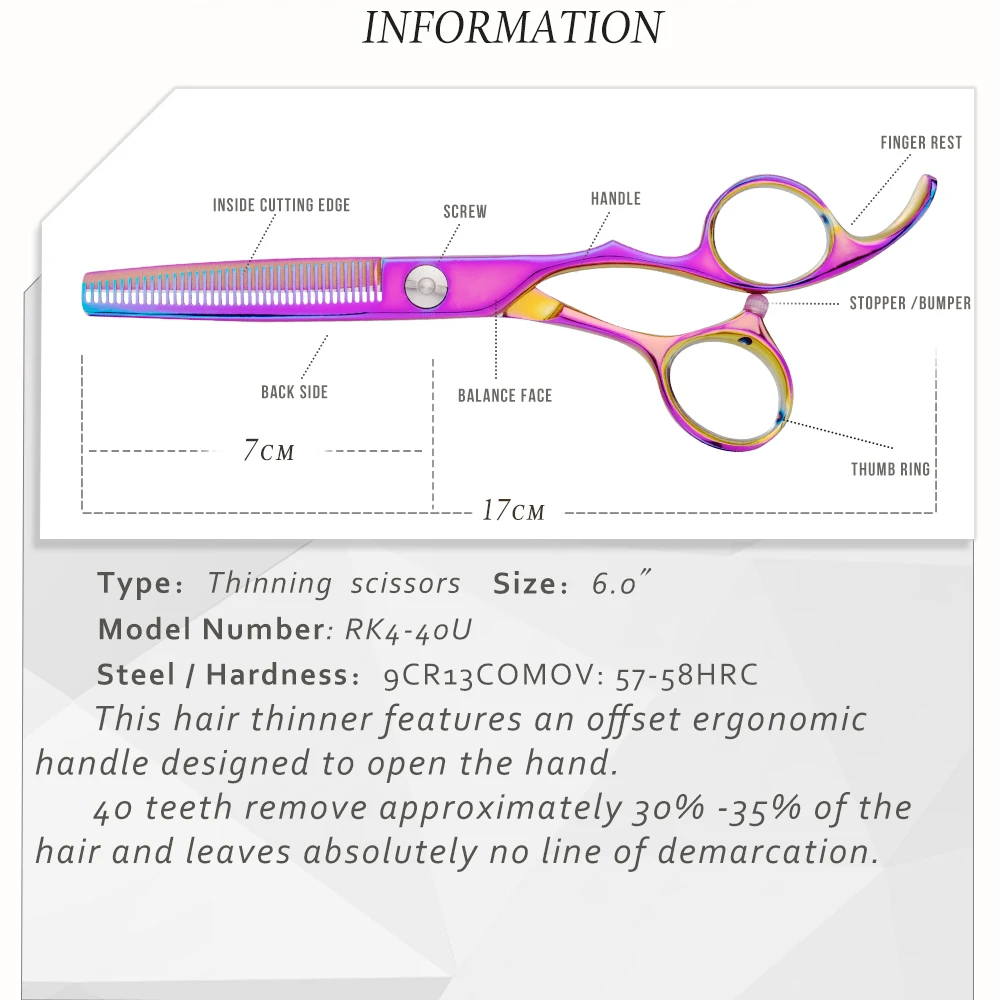 
RK4-40U 9CR steel Patent Professional hair Thinning scissors hair thinners barber thinning scissors hair scissors 