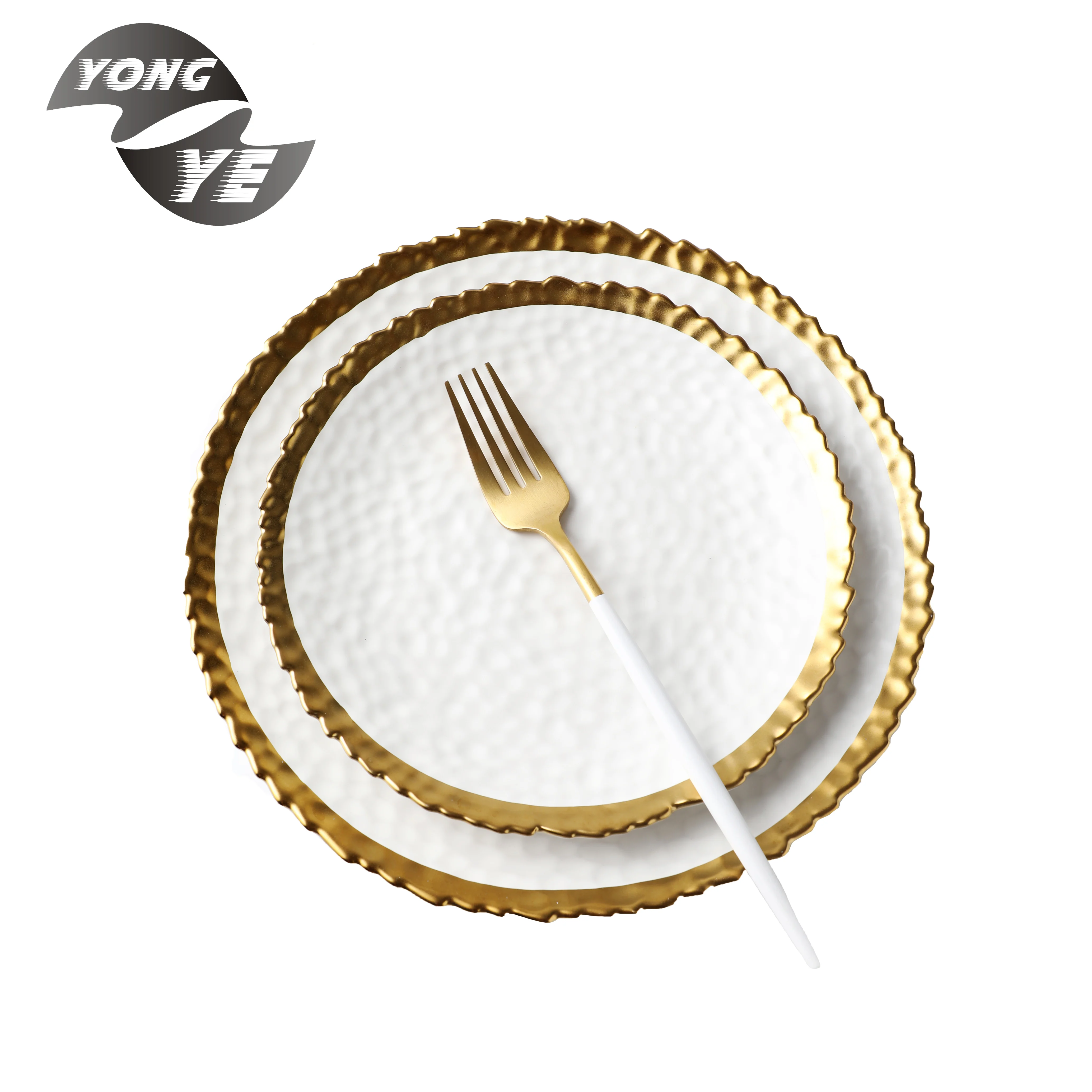 

Fashion Style Reactive On-Glazed Restaurant Used Stoneware Ceramic Container For Dinner Plates, White + gold