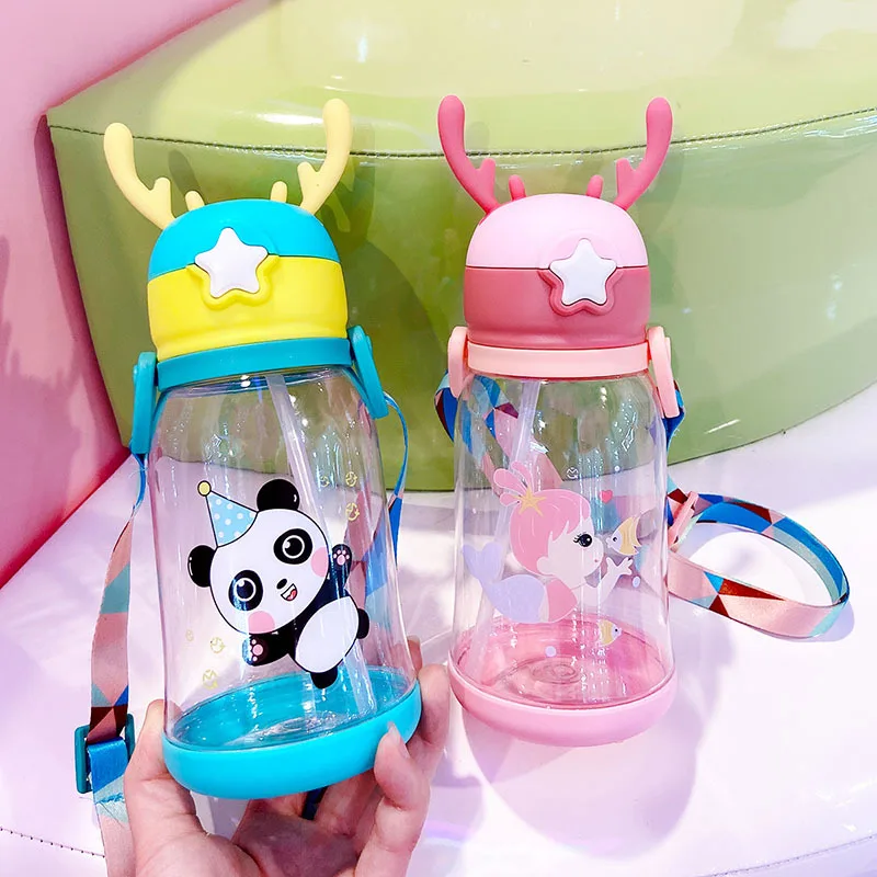 

Antlers Cute Design Silicone Straw Plastic Cup Cartoon Children Shoulder Strap Portable Water Bottle, As pictures