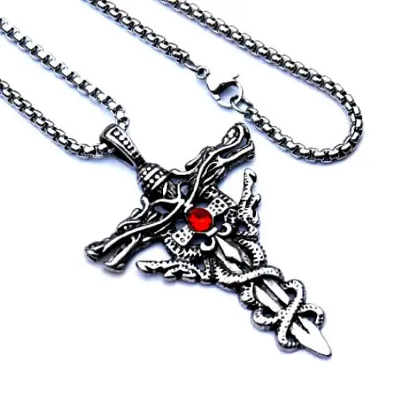 

Cross Stainless Steel Necklace Men's Double Dragon Sword Pendant Personality Matching Jewelry Retro