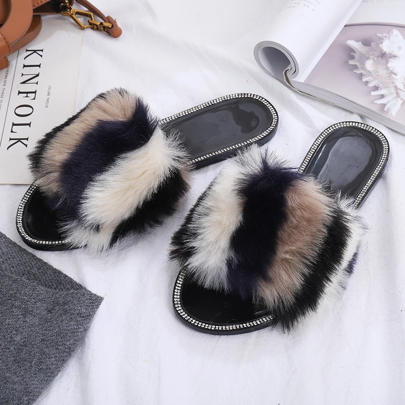 

Fox Fur Slides Slippers Faux Fur Slide Custom Fashion Women Fur Slides, As picture