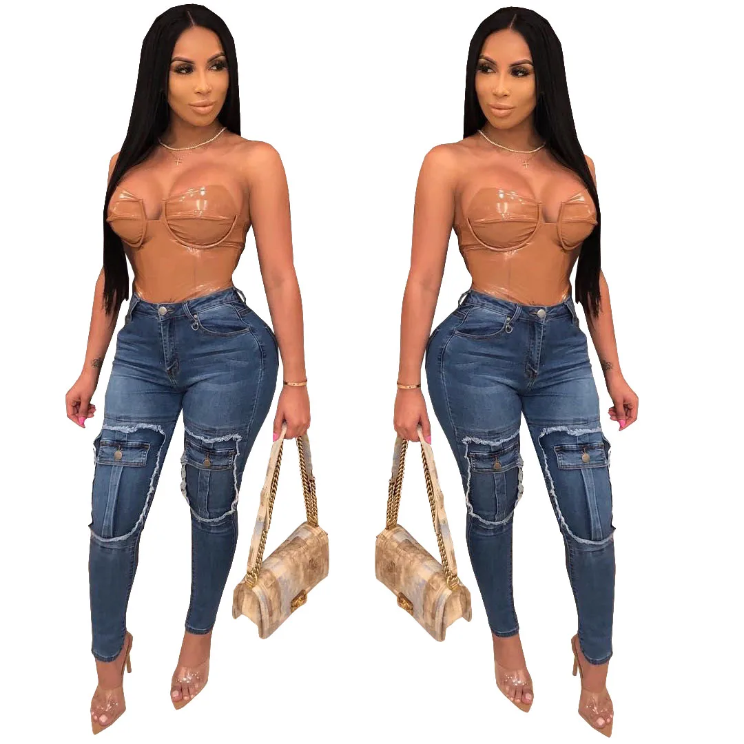 

2020 Latest Wholesale Cheap Skinny Design High Waist Slim Fit Pocket Biker Denim Jeans Pants Trousers Woman Ladies, Blue jeans ripped pants