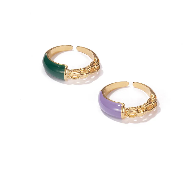 

Handmade Enameled Chain Opening Ring Exquisite Fashion 18K Real Gold Plated Green Purple Enamel Finger Rings For Party