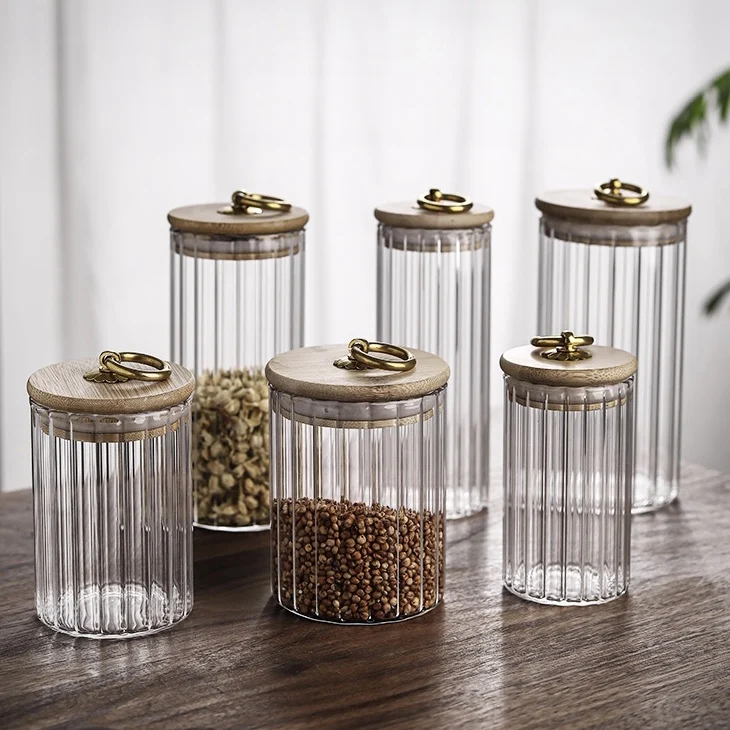 

In Bulk Multiple Specification Volumes Ribbed High Borosilicate Glass Storage Jars Container with Bamboo Lid and Silicone Rings