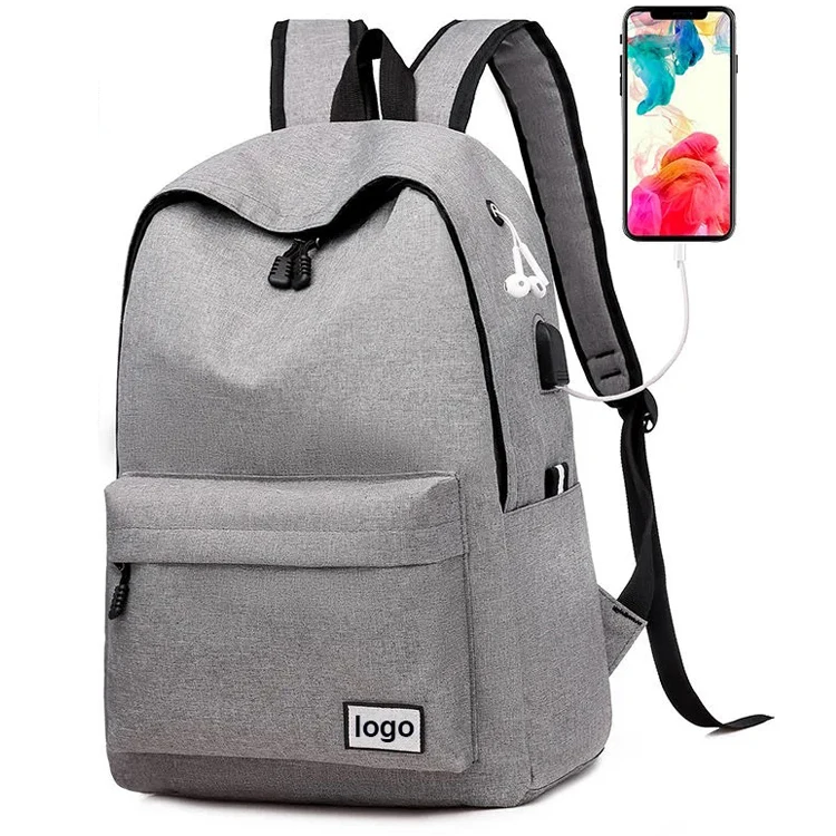 

lightweight college school backpack with usb charging port classic basic water resistant casual daypack, Black,gray