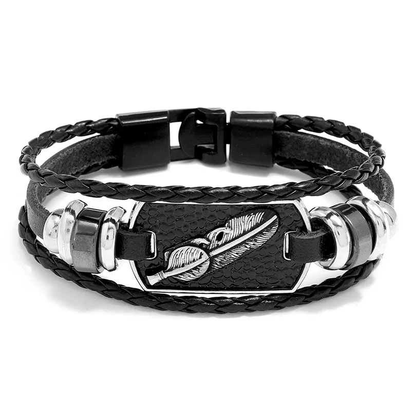 

2022 New Arrival Men Leather Bracelets Simple Multilayer Handmade Black Cowhide Feathers Bracelet For Men