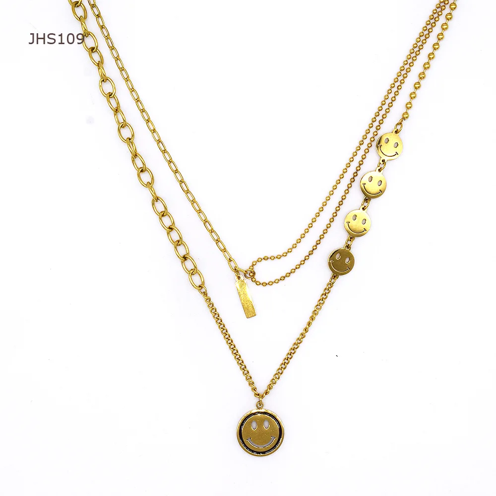 

JHS109 Hot Selling Stainless Steel Gold Triple Necklace Smiley Women Stainless Steel Necklace, 18k gold plated color