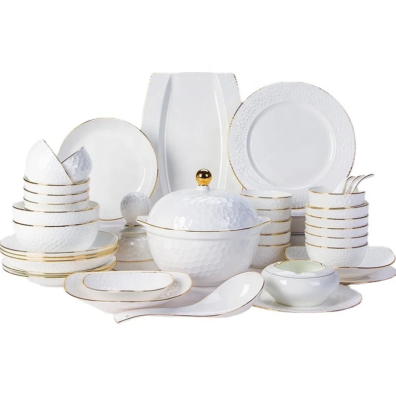 

China Wholesale Plates Sets Dinnerware Tableware Vajillas De Porcelana Royal Gold Rimmed Ceramic Set For Wedding Hotel Use