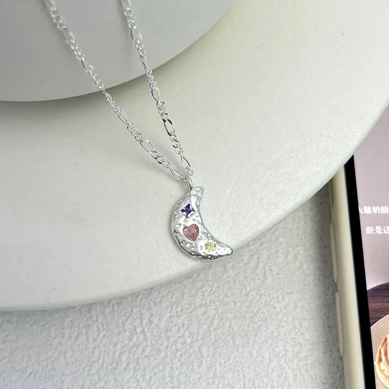 Link Chain Necklace 925 Sterling Silver Colorful Heart Zircon Moon Shape Pendant Necklaces for Girl Gifts