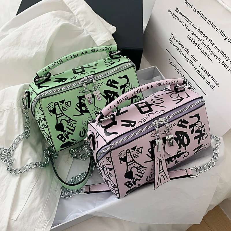 

BM9001 New Korean Style Letter Printing Fashion Ladies Hand Bags Chain Shoulder Small Square Graffiti Handbag