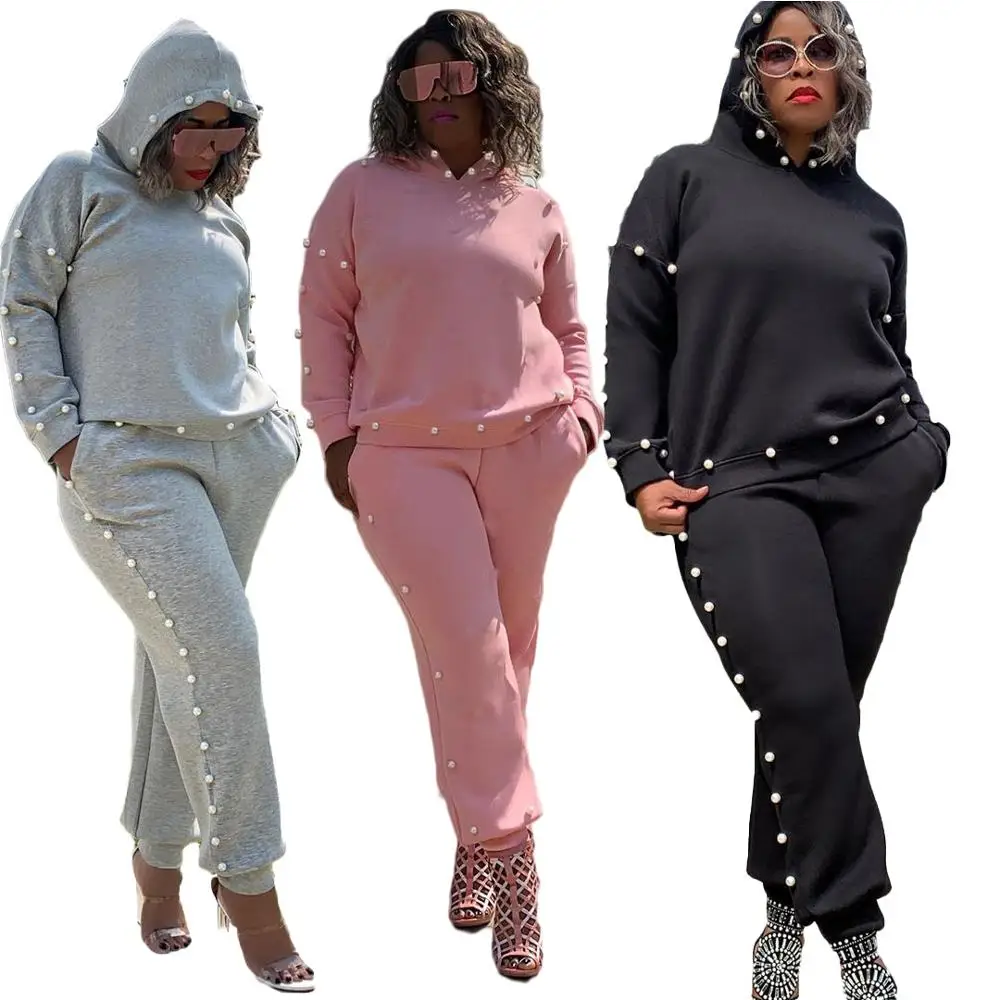 

2020 hot sale casual winter thick warm hooded pearl two-piece set jogging suit