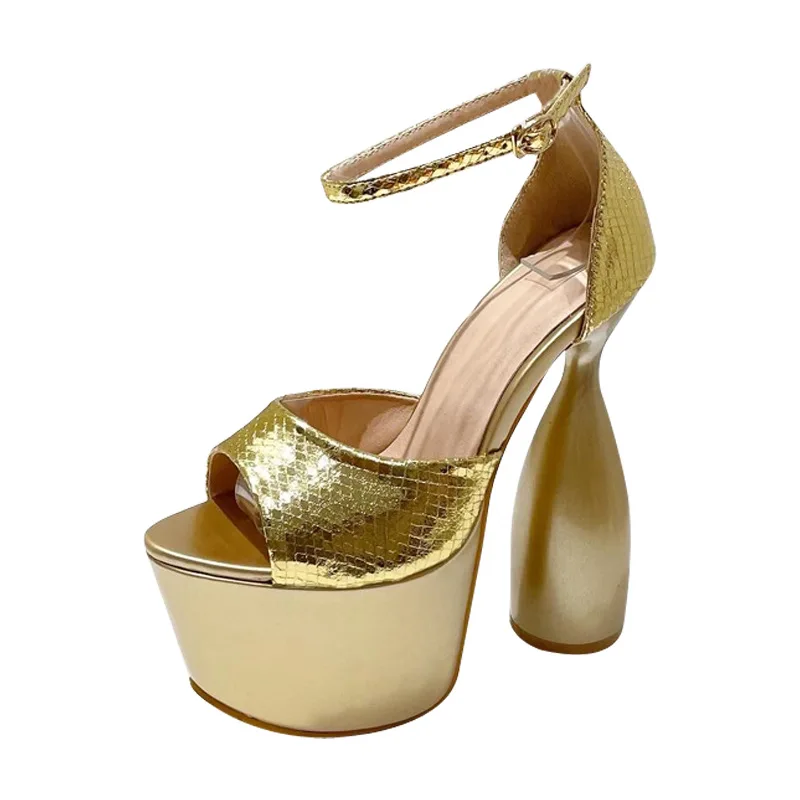 

statement heel in gold snake luxury lace up peep toe chunky block platform lvslipper summer shoes women sexy super high sandal, Colorful