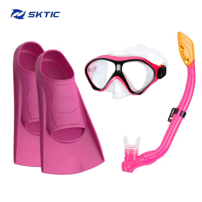 

SKTIC Anti Fog Snorkeling Gear for Adults with Fins Mask Snorkel Set Adult Scuba Diving Set Panoramic View Diving Mask, Transparent pink