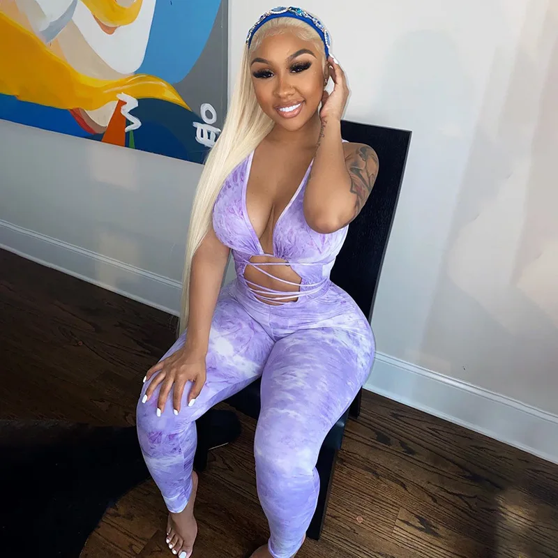 

Yingchao 2020 Autumn Fashion Sexy Casual Tie Dye Crop Top Bandage Bodycon Halter Sleeveless Long Women One Piece Jumpsuit