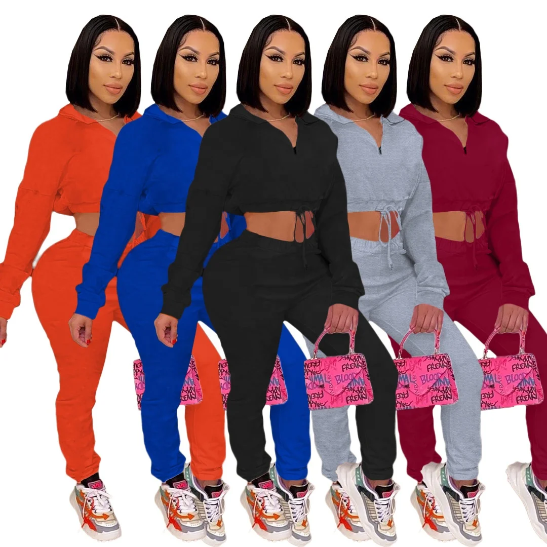

AI70-5283 Casual fashion sports women's clothing two-piece zipper solid color set jogging suits wholesale