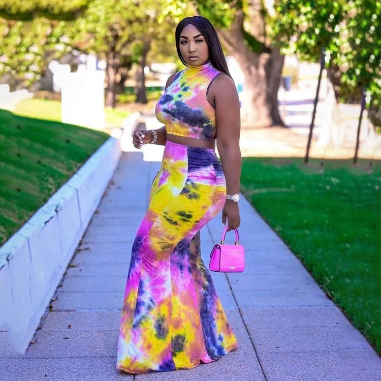 

Summer Sleeveless Dress Beautiful Tie Dye Crop Top Long Skirt Set, White