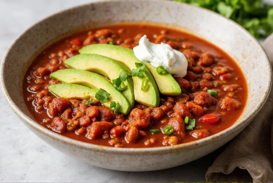 keto diet chili served in a bowl with avocado slices and sour cream topping
