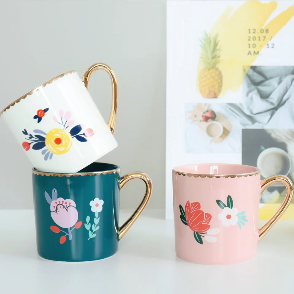 

Mug girl's heart flower painted with gold and elegant style household creative personality coffee cup ceramic cup