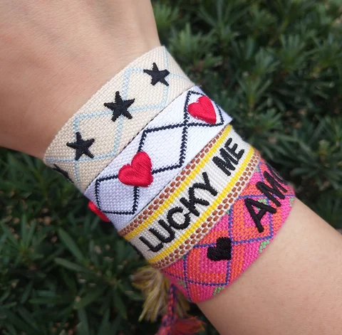 

New Brand Fabric Bracelet LUCKY ME Heart Star Women Embroidery Bracelet Woven Bangle Tassel Lace-up Bracelet, Multi-colors