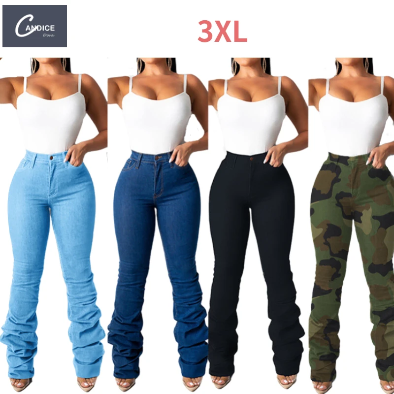 

Candice hot sale classic pile of denim trousers skinny stacked pants ripped denim low rise baggy flared jeans women