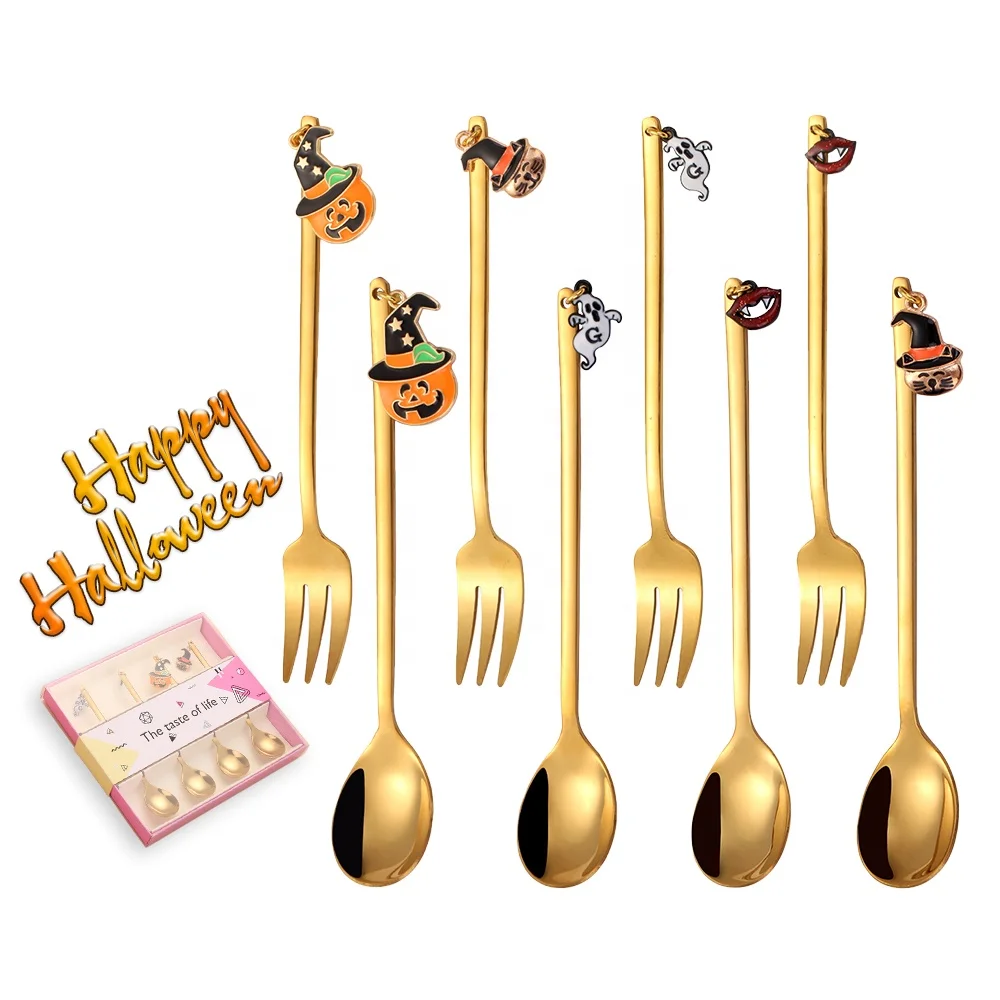 

Gift Set Halloween Style Decoration Stainless Steel Coffee Tea Spoon Fork, Gold, silver