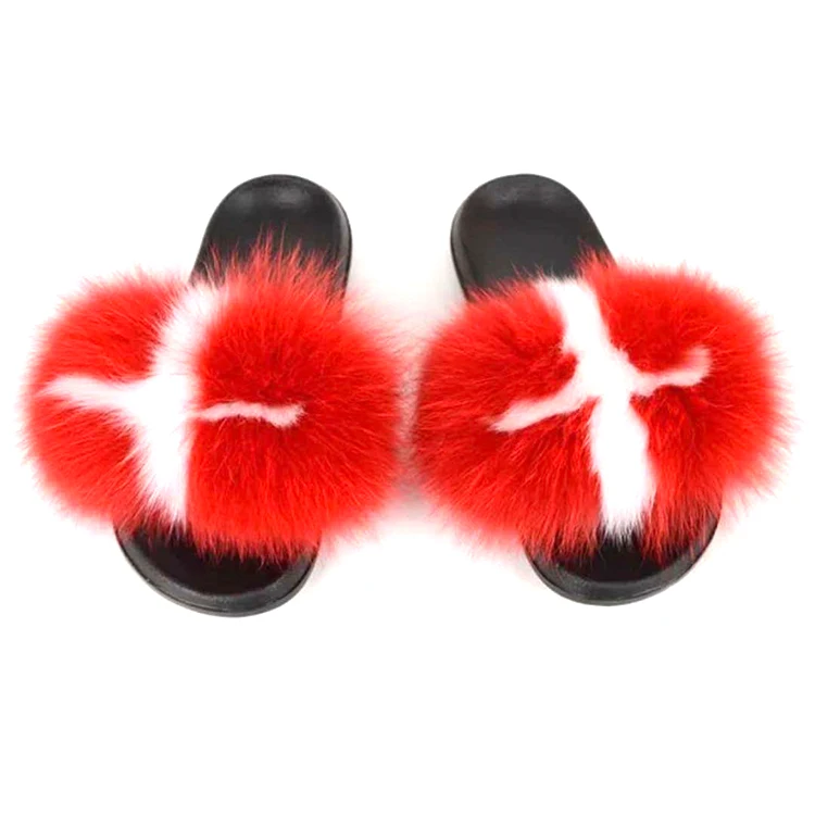 

Amazon Hot Selling 2021 new fur slides slippers real raccoon and fox fur slippers for women, Multi color single color