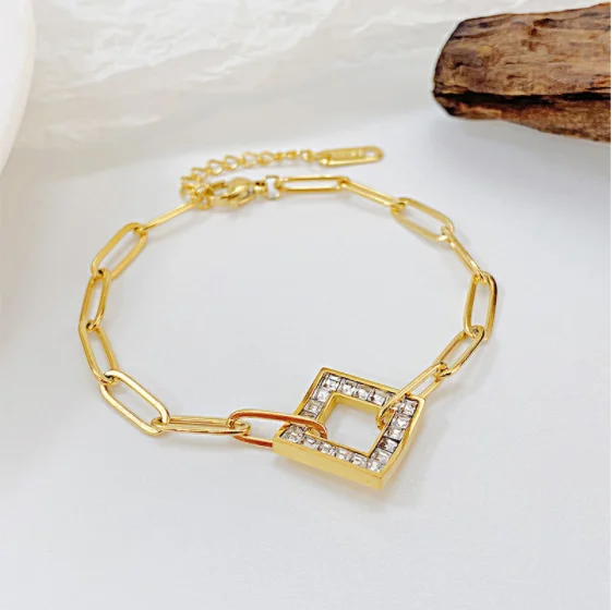 

Waterproof 316L Stainless Steel Micro Pave CZ Square Charm Bracelet CZ Geometric Hollow Square Bracelet