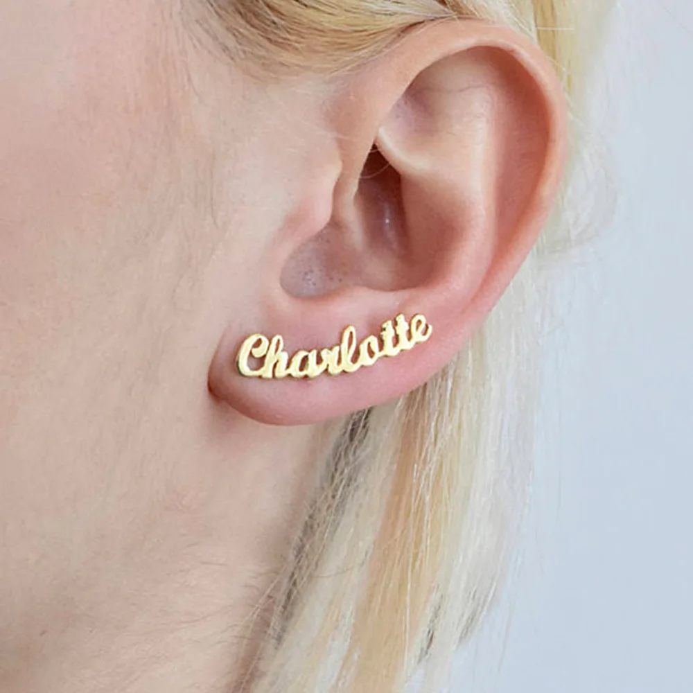 

Personalized Name Initial Stud Earring Stainless Steel Gold Post Earrings For Women Custom Name Earrings, Picture shows