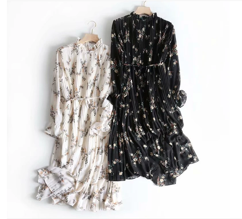 

Korean Womens Wholesale Pleated Ruffled Collar Dress Long Sleeve Chiffon Floral Printed Dresses