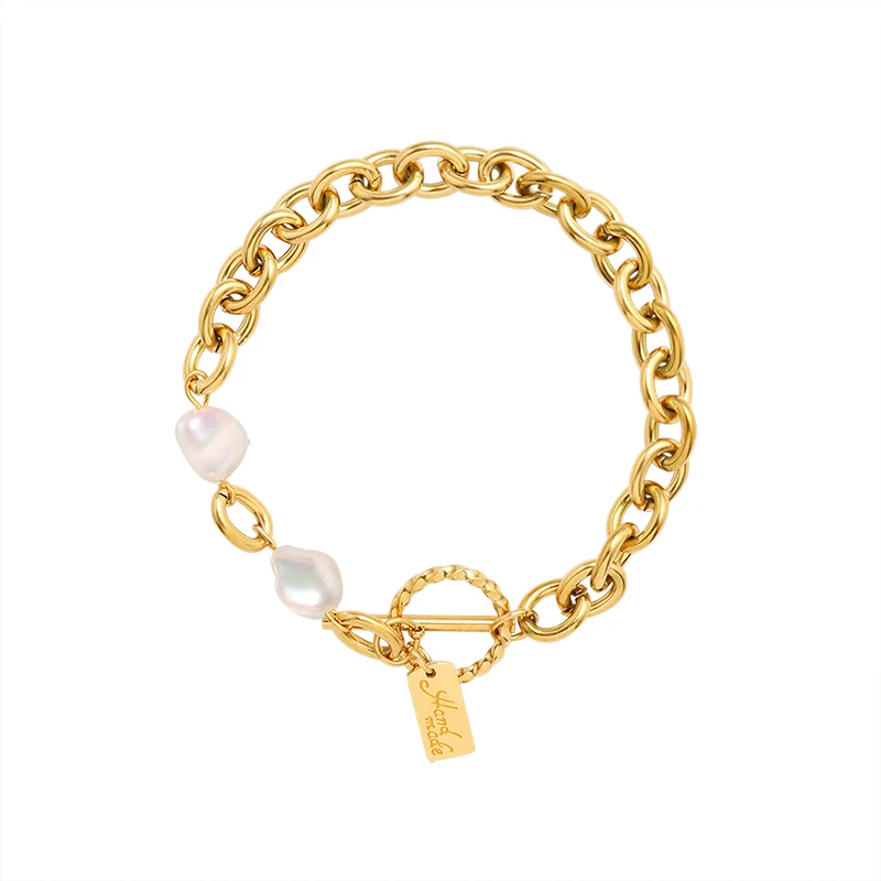 

European And American Ot Button Geometric Square Brand Simple Freshwater Pearl Gold Christmas Bracelet Girl