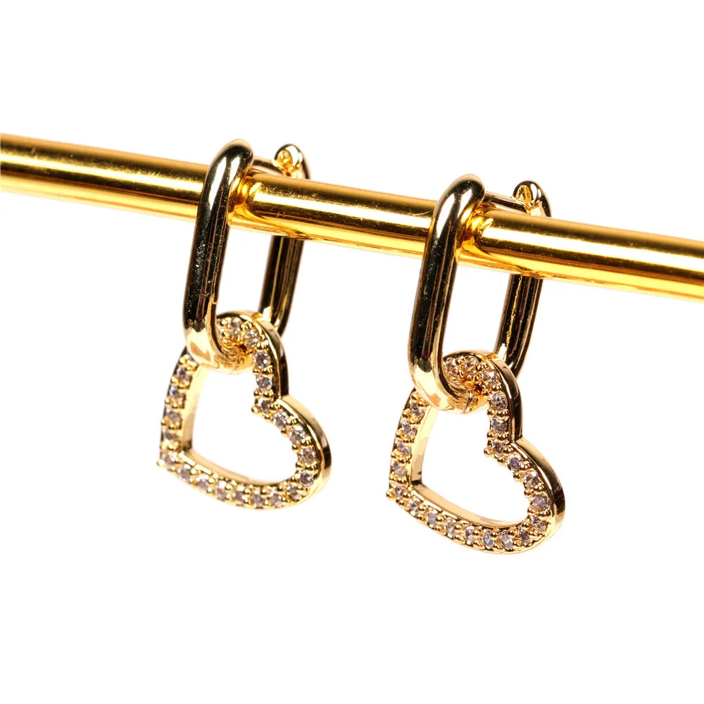

European Style 18K Gold Plated CZ Zirconia Hollow Heart Drop Earrings Bling Rhinestone Crystal Heart Earring For Party