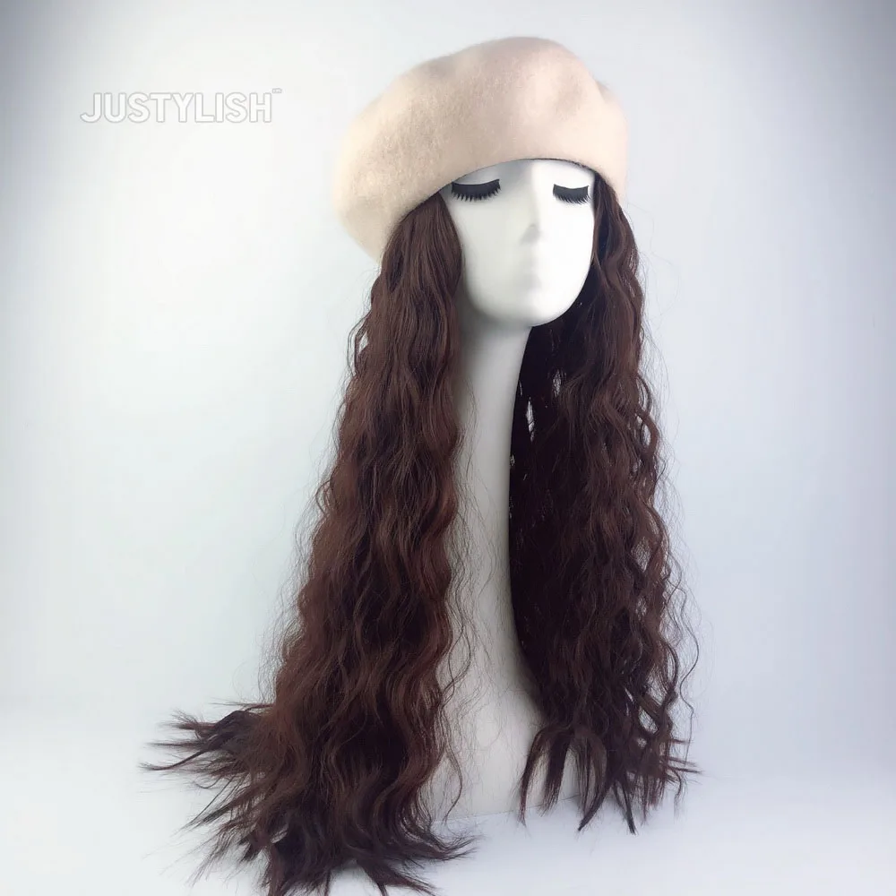 

Justylish autumn and winter new style women long curly hair straight hair Hat wig beret wig