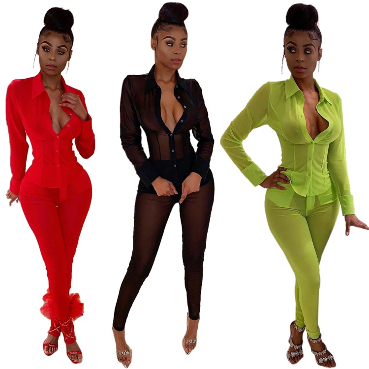 hot sale fall clothing mesh transparent sexy women two piece pants set