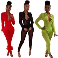 

hot sale fall clothing mesh transparent sexy women two piece pants set