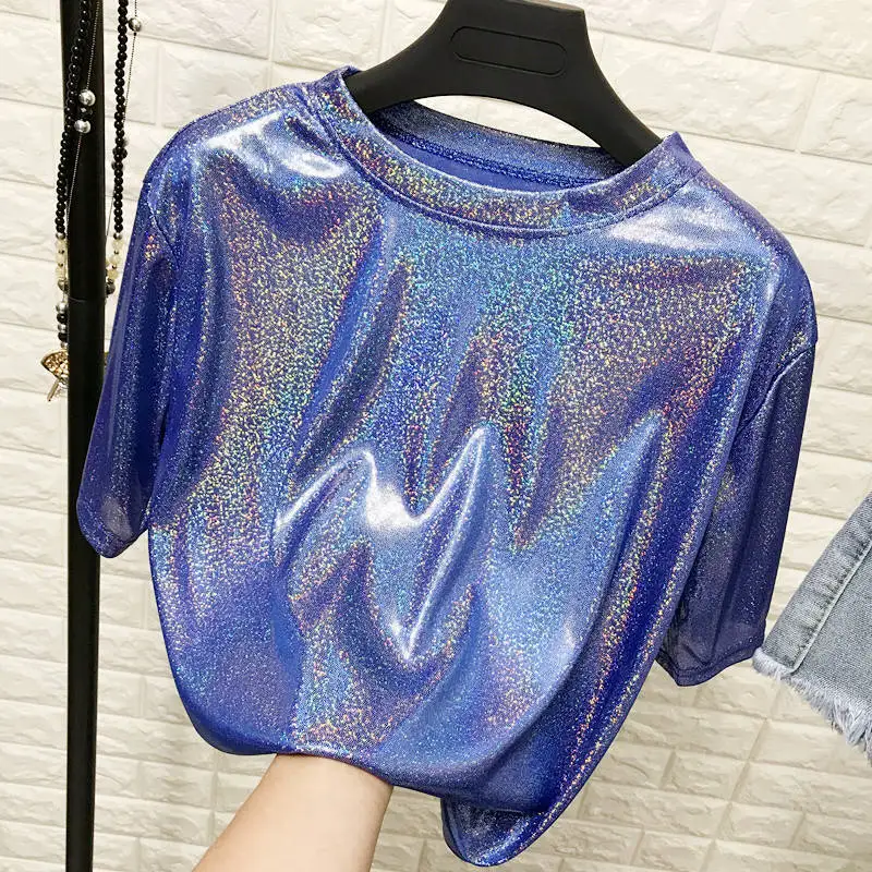 

New Short Sleeve Tees Sparkling Reflective Full T Shirt Fashion Silk Short Sleeve Shiny Short Sleeve T-shirt