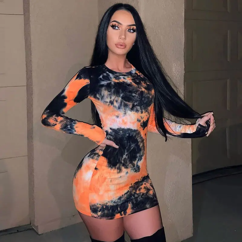 

Rib Knit Long Sleeve Tie-dyed Pencil Skirt Bodycon Plus Size Dresses Women Casual Dress, Orange